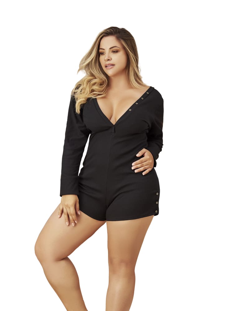 Front of a model wearing a size 1X/2X Sweet Dreams Sleep Romper in Black by Mapalé. | dia_product_style_image_id:271793